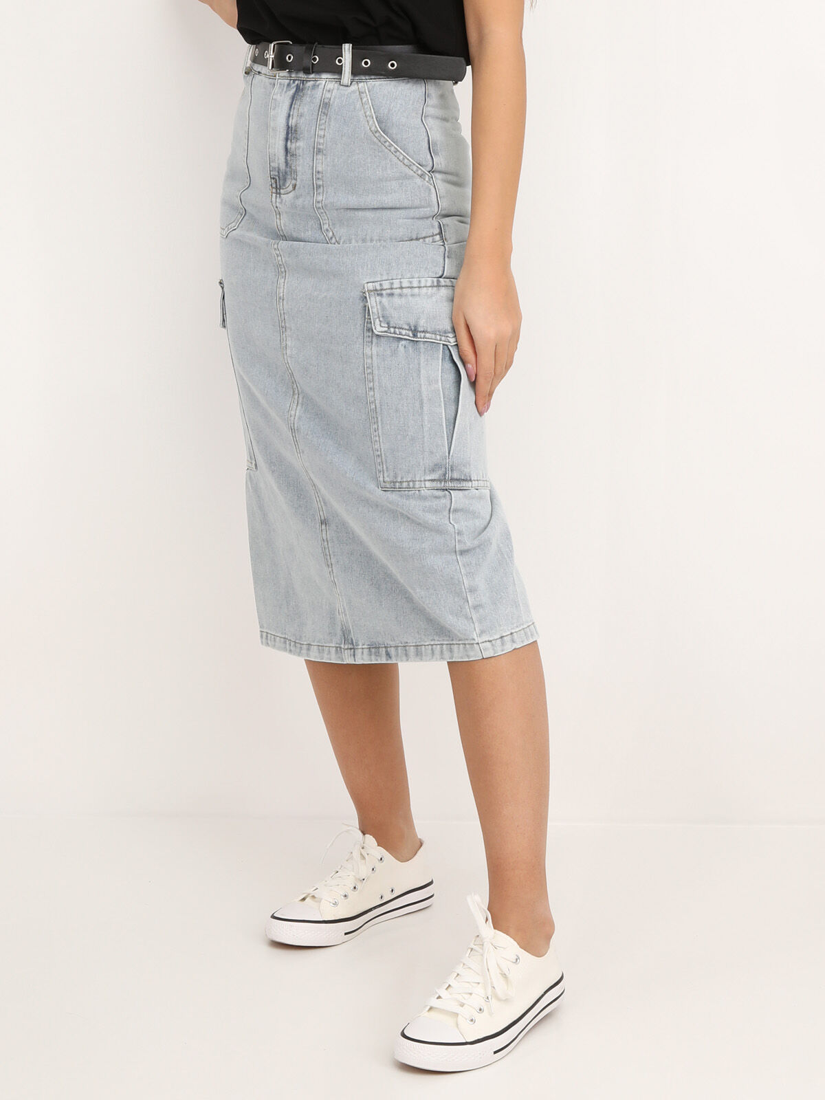 Jupe cargo en jeans avec ceinture- Bleu clair