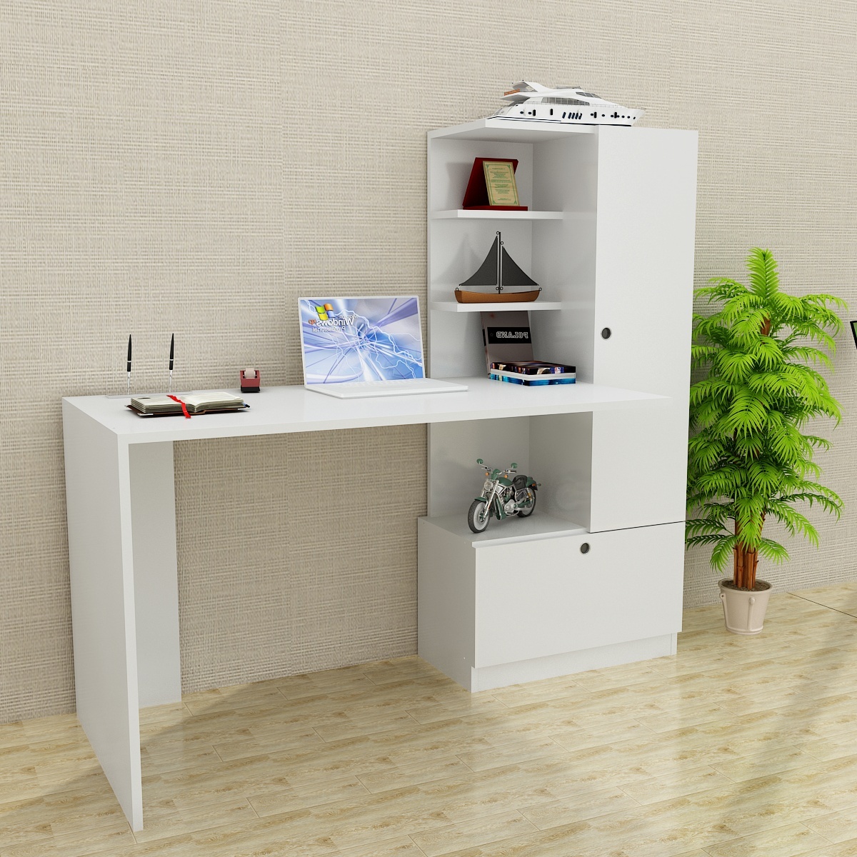 Schreibtisch - weiß - mit Regalelement - 150 cm breit