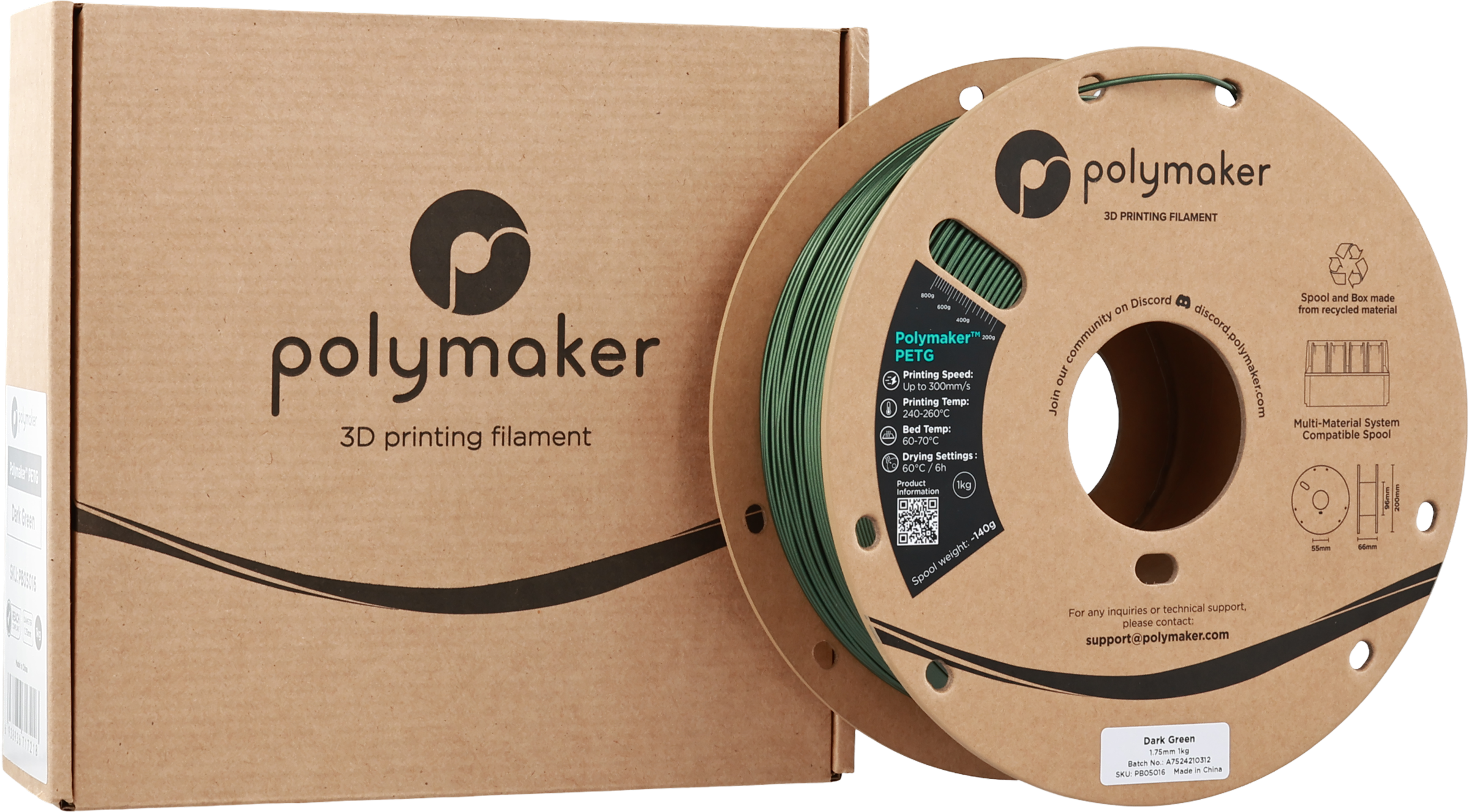 Polymaker  PETG Dark Green, 1,75 mm / 1000 g    Robustes PETG optimiert für High Speed Druck in Dark Green