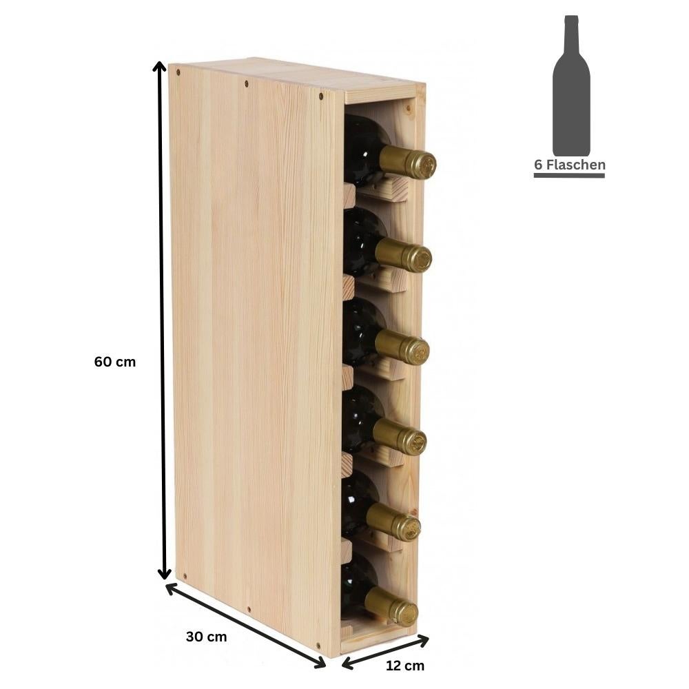 PROREGAL Modulair Wijnrek Vincellar Mod HxBxD 60 x 12 x 30 cm Smal Module Voor 6 Flessen Massief Dennenhout Natuurlijk