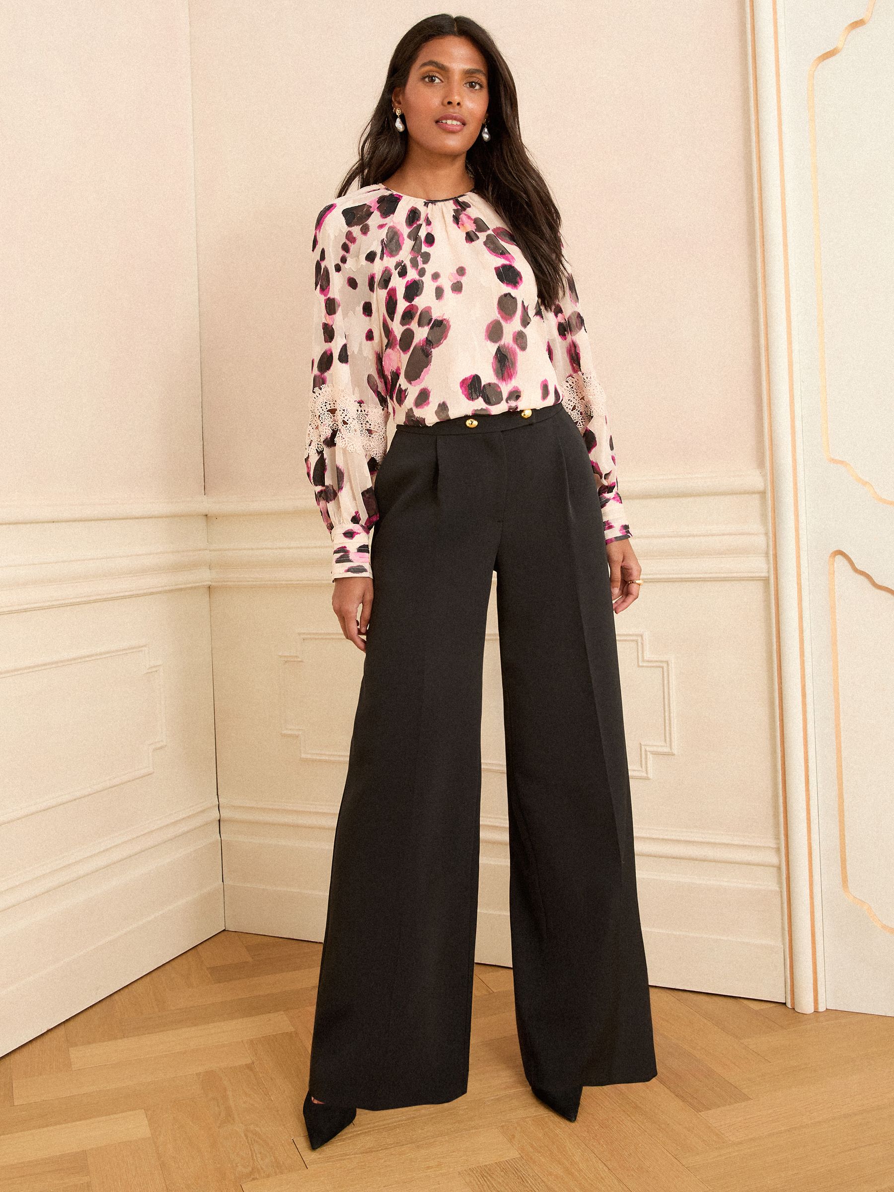Zwart - Love & Roses Wide Button Leg Trousers