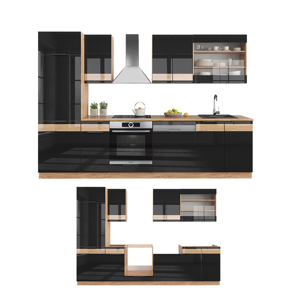 Vicco Küchenzeile Küchenblock Einbauküche Fame-Line Eiche Schwarz 300 cm modern Hochglanz Küchenschränke Küchenmöbel