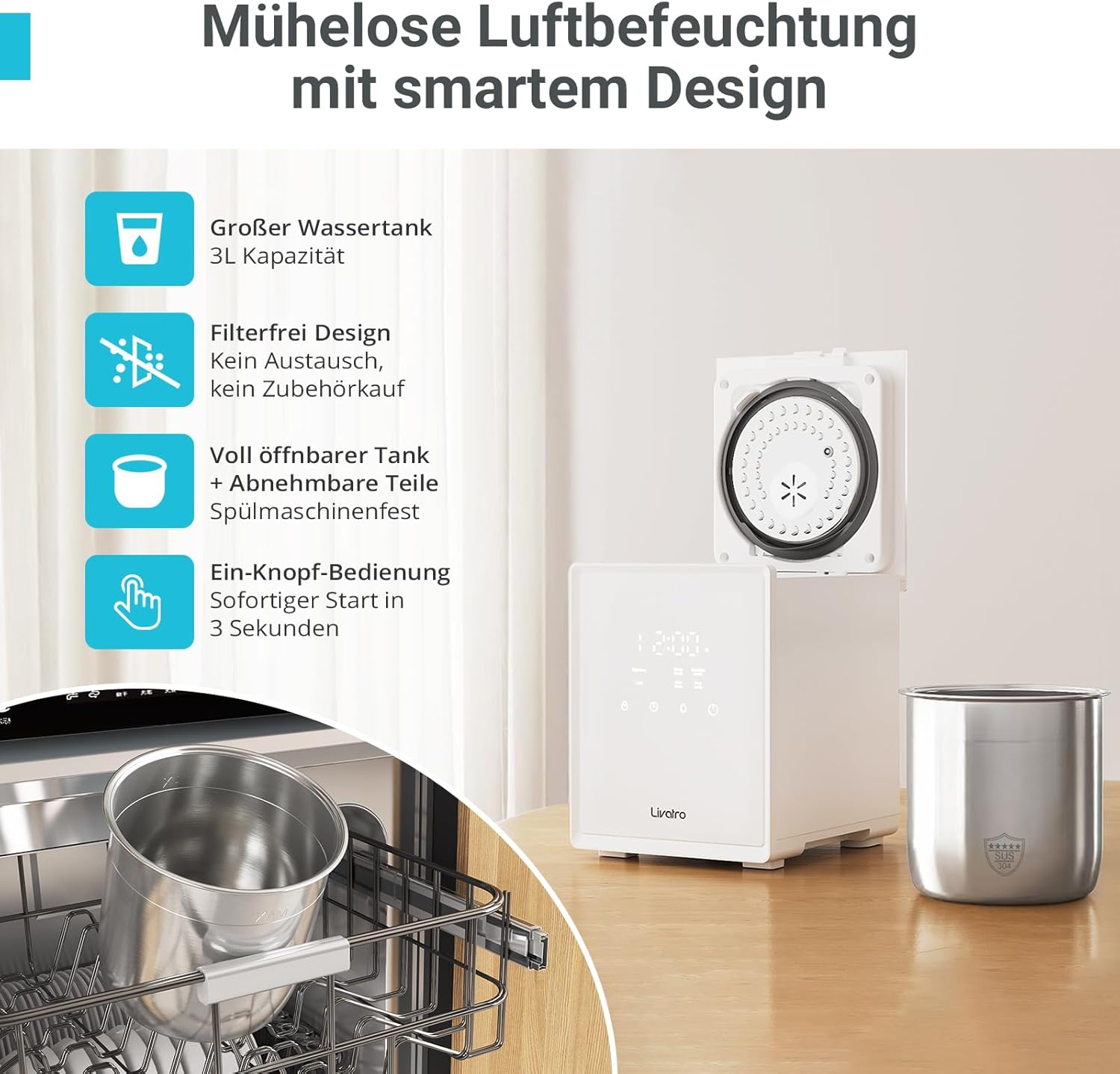 Luftbefeuchter Schlafzimmer Top-Fill, 3L Edelstahl Warmnebel Luftbefeuchter, Reduziert 99,97% der Bakterien, Für Schlafzimmer und Wohnzimmer, Spülmaschinenfest Humidifier,mit Schlafmodus