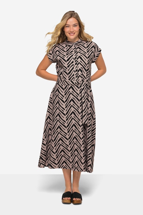 Leinenmix-Kleid, Zebra-Stil Print, Hemdkragen, Taillengürtel, Halbarm
