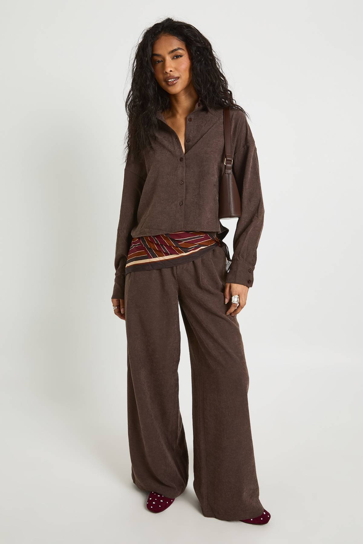 boohoo Ensemble Coordonné Chemise Courte Ample À Effet Pêche Et Pantalon Taille Basse
