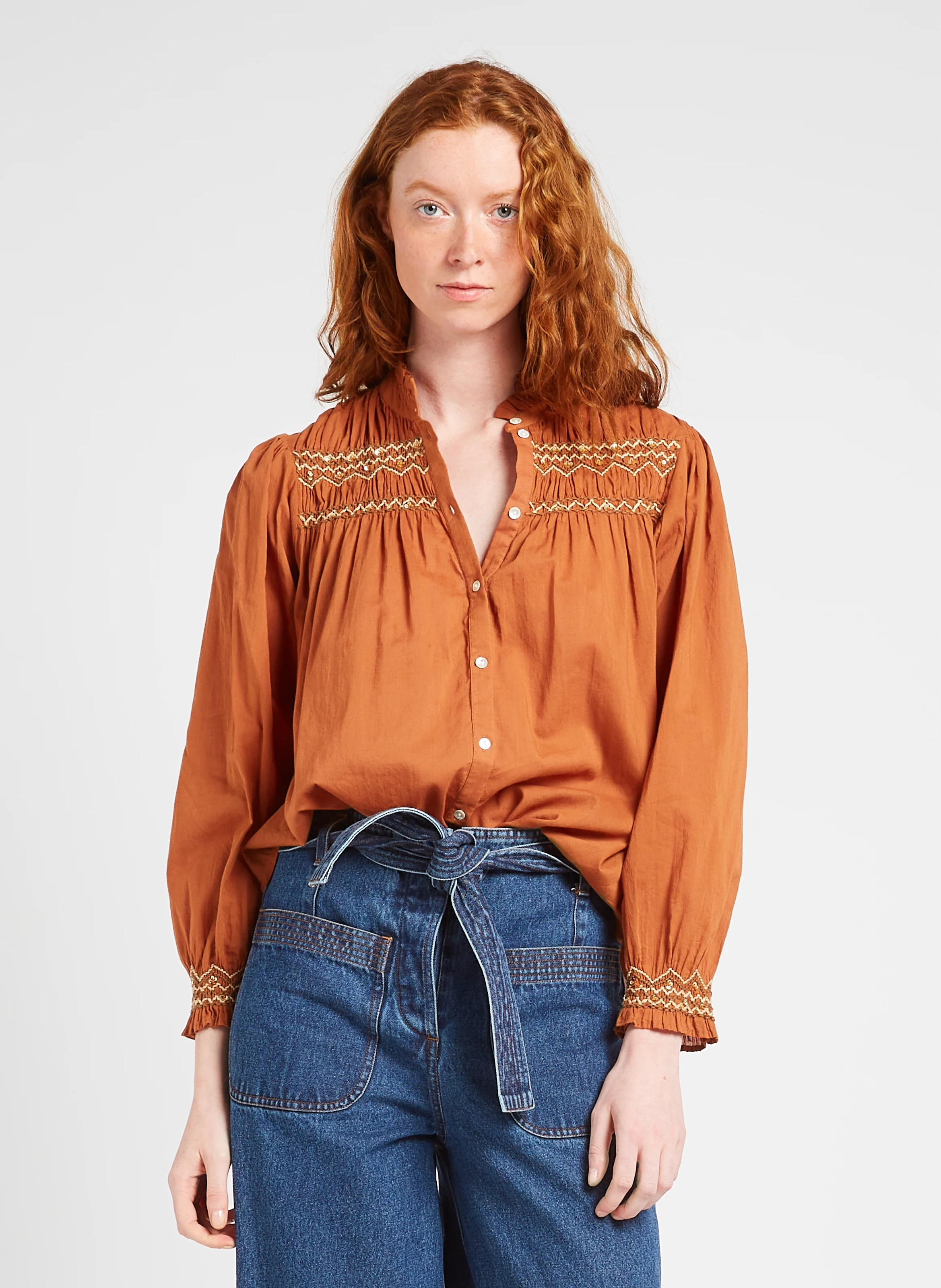 LOUISA - Blouse ample brodée en coton bio | Marron