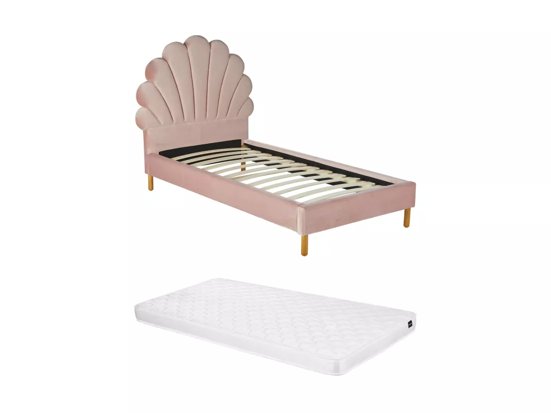 Lit coquillage 90 x 190 cm - Velours - Rose + Matelas - MOANA