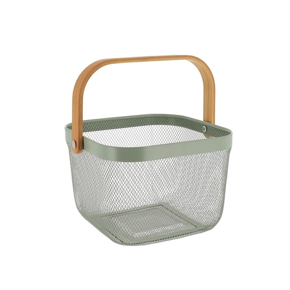 PANIER DE RANGEMENT CARRE METAL POIGNEE BAMBOU KAKI