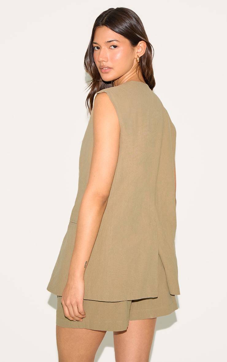 Sage Khaki Gilet Long Effet Lin