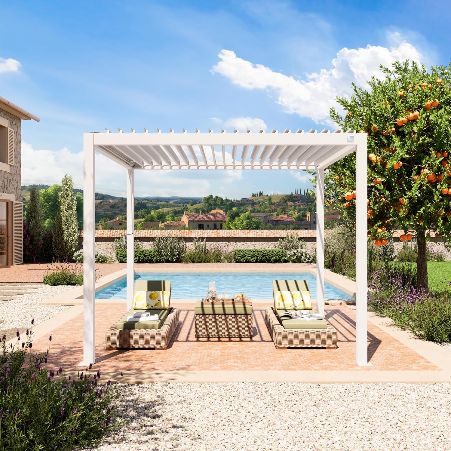PRIMEYARD Pergola 3x3 m weiße Aluminium-Pfosten mit Lamellendach aus Stahl Terrassenüberdachung