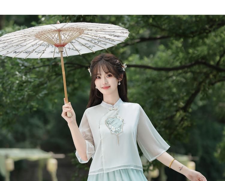 Fioridi - Hanfu-top met elleboogmouwen en bloemenborduursel / Midi-A-lijn rok met hoge taille en bloemenprint