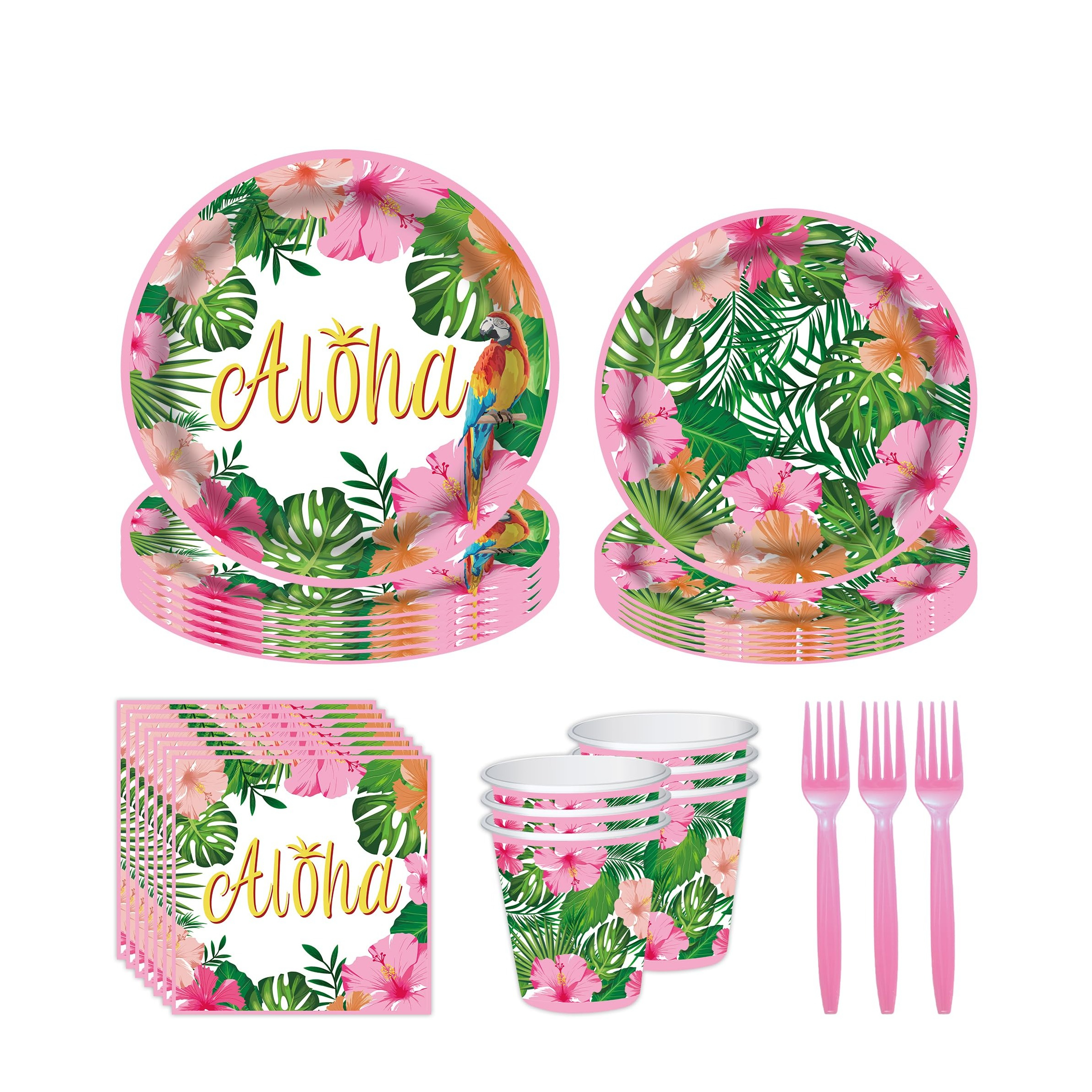 (120-tlg. Set) Einweg Geschirr Sommer Hawaii Party Tisch Dekoration inkl. Teller / Servietten / Papp Becher / Gabeln - Aloha / Rosa