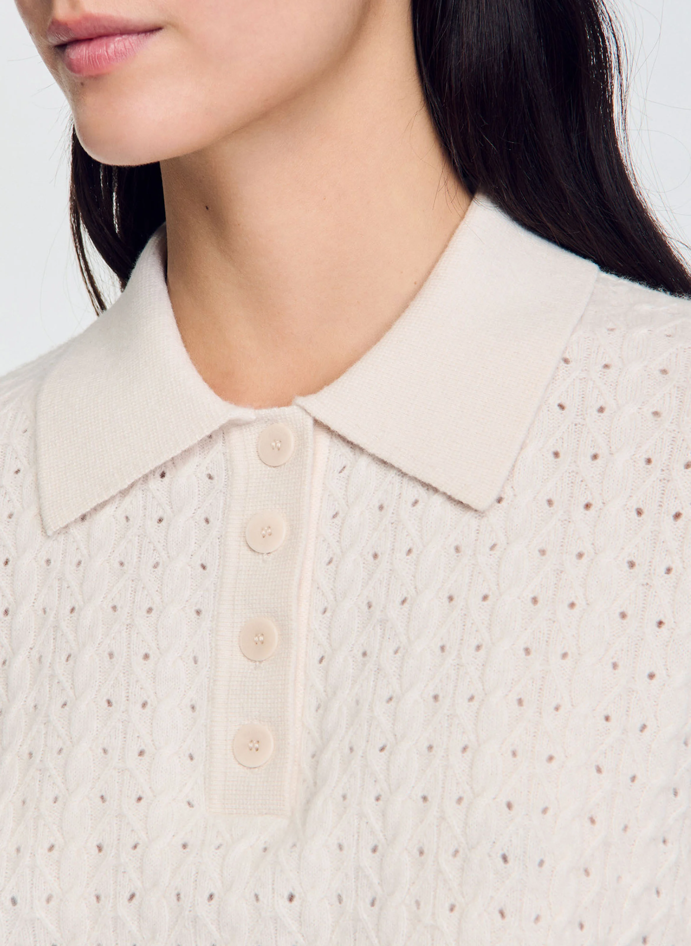 Pull court maille pointelle en laine et cachemire | Blanc