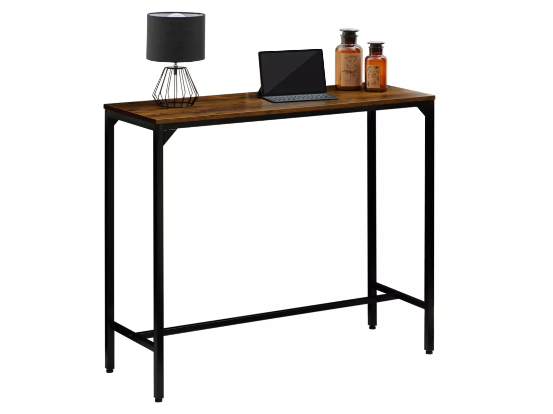 Table haute de bar BRAGA mange-debout comptoir en métal avec plateau en fibres de bois couleur brun rustique