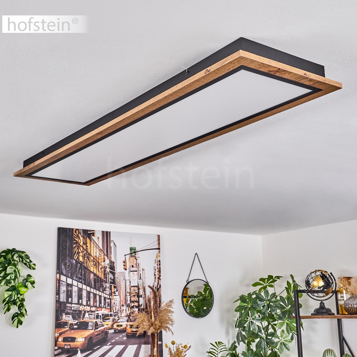LED Deckenleuchte Salmi, moderne Deckenlampe aus Metall/MDF/Kunststoff in Schwarz/Holzoptik/Braun/Weiß, rechteckige Leuchte (120 cm x 30 cm), 4000 Lumen, 3000 Kelvin, LED 36 Watt
