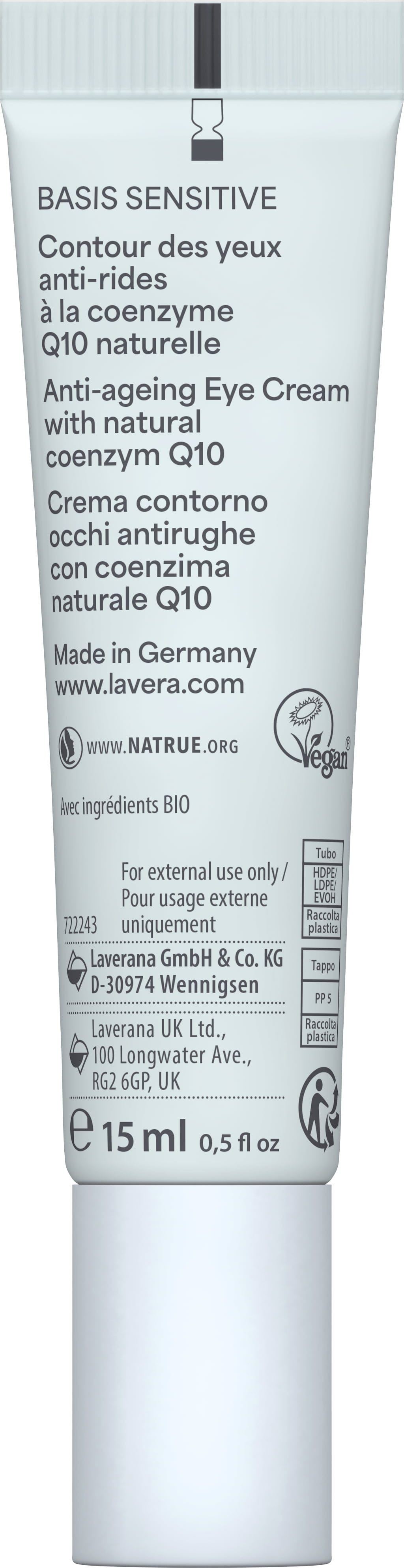 lavera  Basis Sensitiv Anti-Falten Augencreme Q10, 15 ml