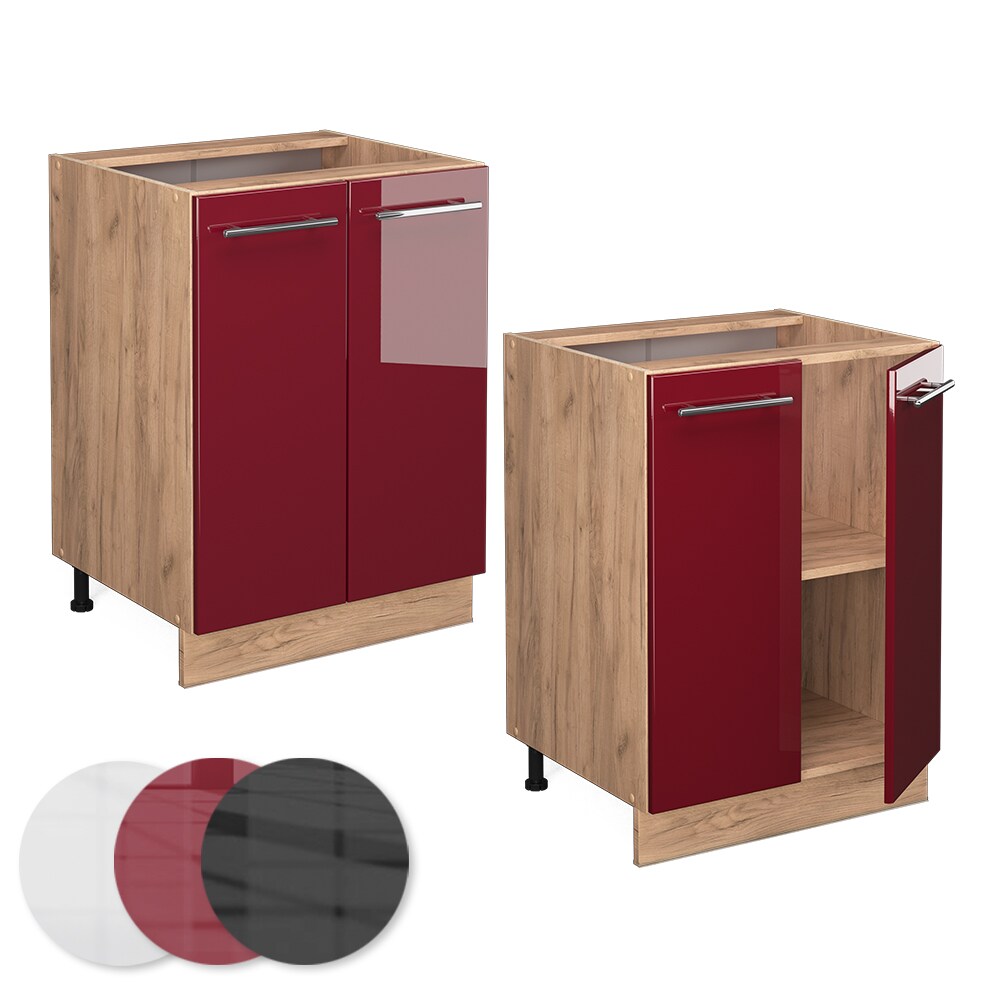 Vicco Unterschrank Küchenschrank Küchenmöbel Fame-Line Eiche Rot Bordeaux modern 60 cm Küche Einbauküche Drehtür Einlegeboden Blende Küchenzeile Hochglanz