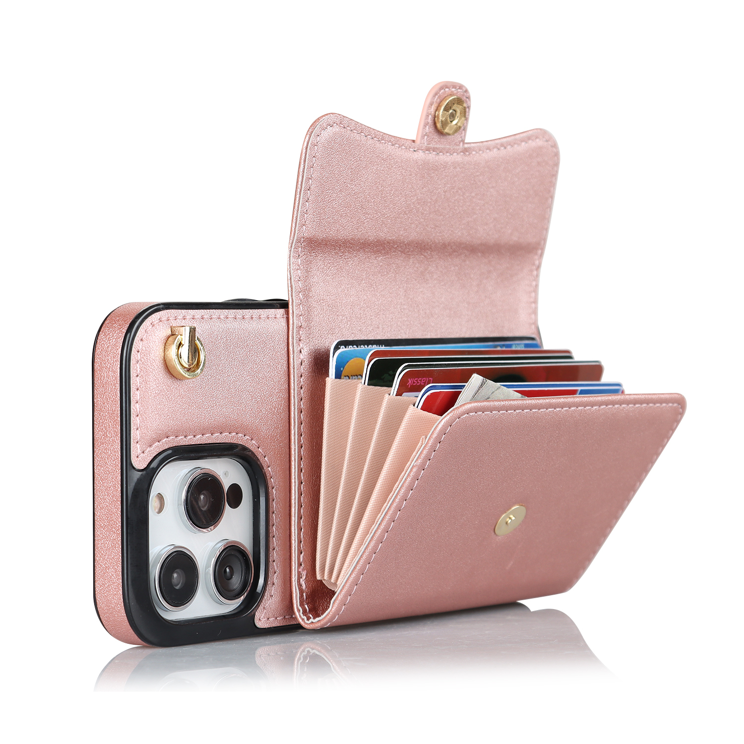 iPhone 14 Pro Necklace Leder Schutz Hülle mit Kartenfach   Handykette (140cm) - Roségold