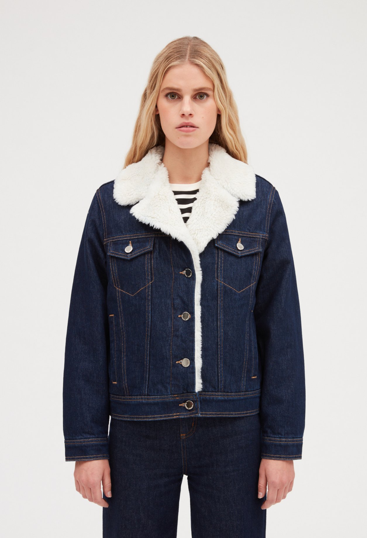 Blouson jean double fausse fourrure