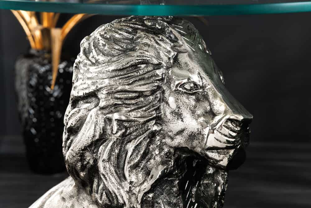 Runder Beistelltisch WILDLIFE LION 60cm silber antik Metall Glas Löwen Skulptur