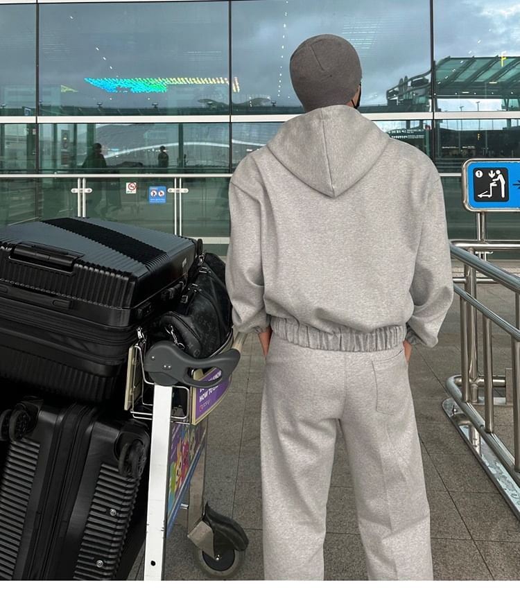 Omozando - Effen hoodie met rits / Elastische taille, rechte pijpen, joggingbroek