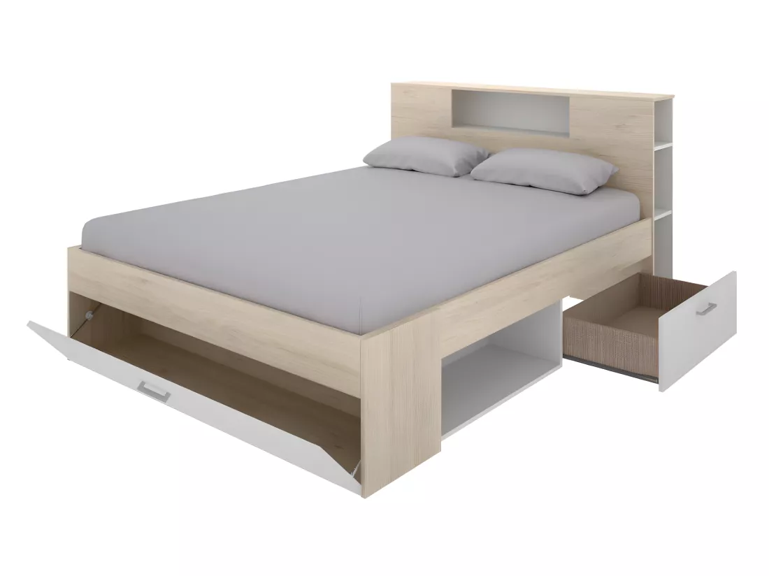 Lit avec tête de lit rangements et tiroirs - 140 x 190 cm - Coloris : Naturel et blanc + Sommier - LEANDRE