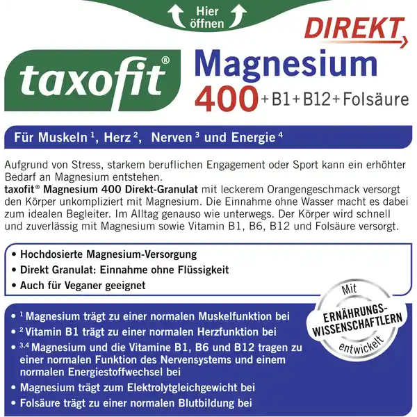 Magnesium 400 + B1 + B12 + Folsäure Direktgranulat
