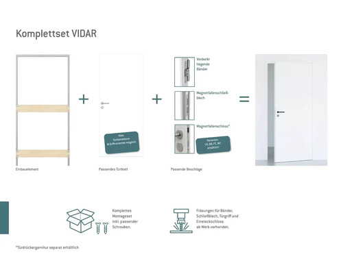 Pertura vlakke binnendeur Vidar HPL RAL 9010 zuiver wit 883x2001 mm incl. vlakke blokkozijn, magneetsluiting WC roestvrij staal DIN links omgekeerd (naar binnen openend)