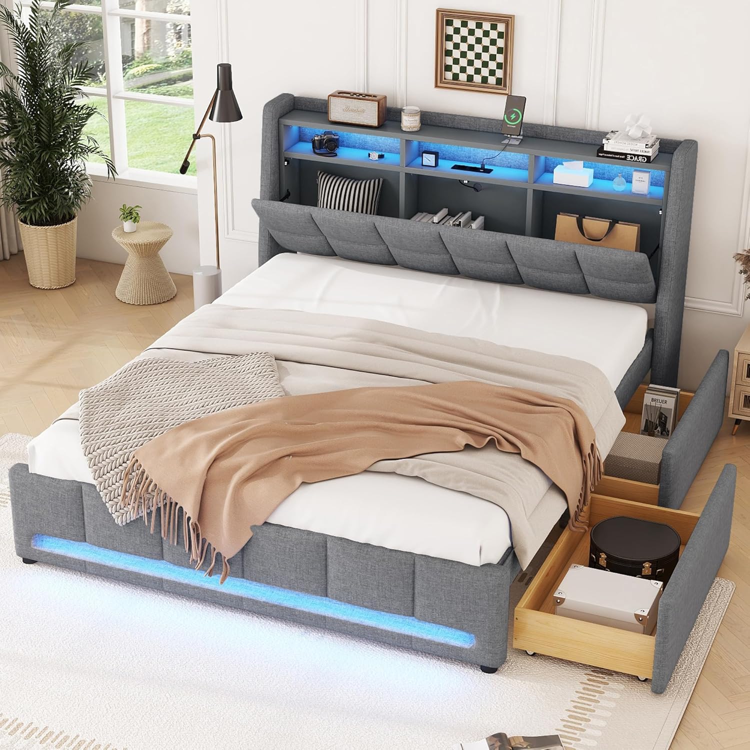 Polsterbett Doppelbett 140x200 cm, LED-Bett mit 2 Schubladen, Kopfteil mit Stauraum & USB-Buchse, Stauraumbett Bettgestell mit Lattenrost, Funktionsbett Flachbett, Ohne Matratze, Leinen Grau