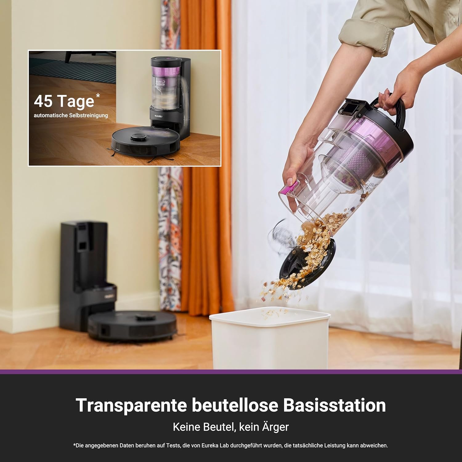 Eureka E20 Plus Staubsaugroboter mit 8000 Pa Saugkraft und selbstentleerender Station, Anti-Wickel-Funktion, 3D Hindernisvermeidung, 180 Minuten Laufzeit, DuoDetect AI, schwarz