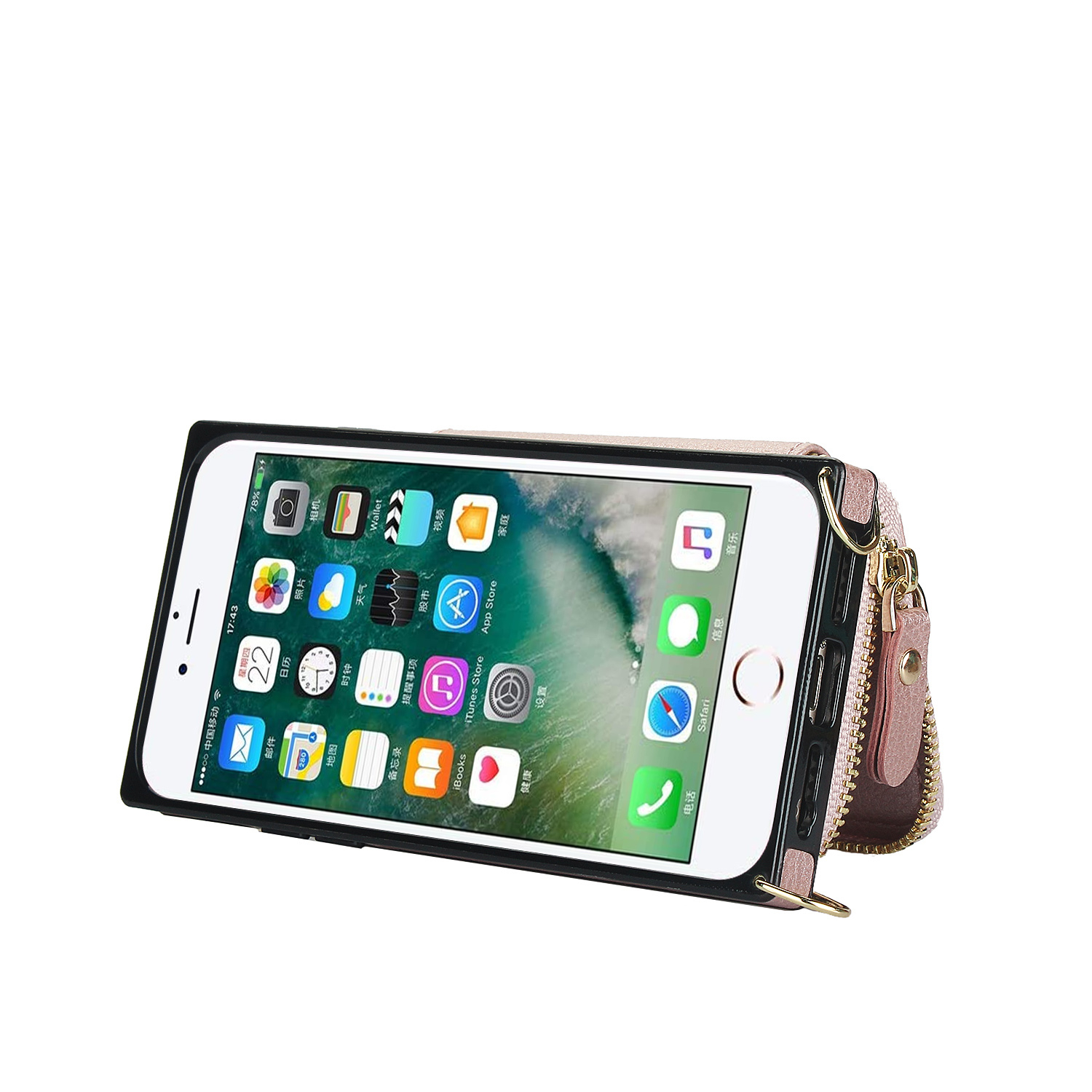 iPhone SE (2022/2020) / 8 / 7 / 6S Necklace Leder Schutz Hülle mit Kartenfächer   Handykette (140cm) - Roségold