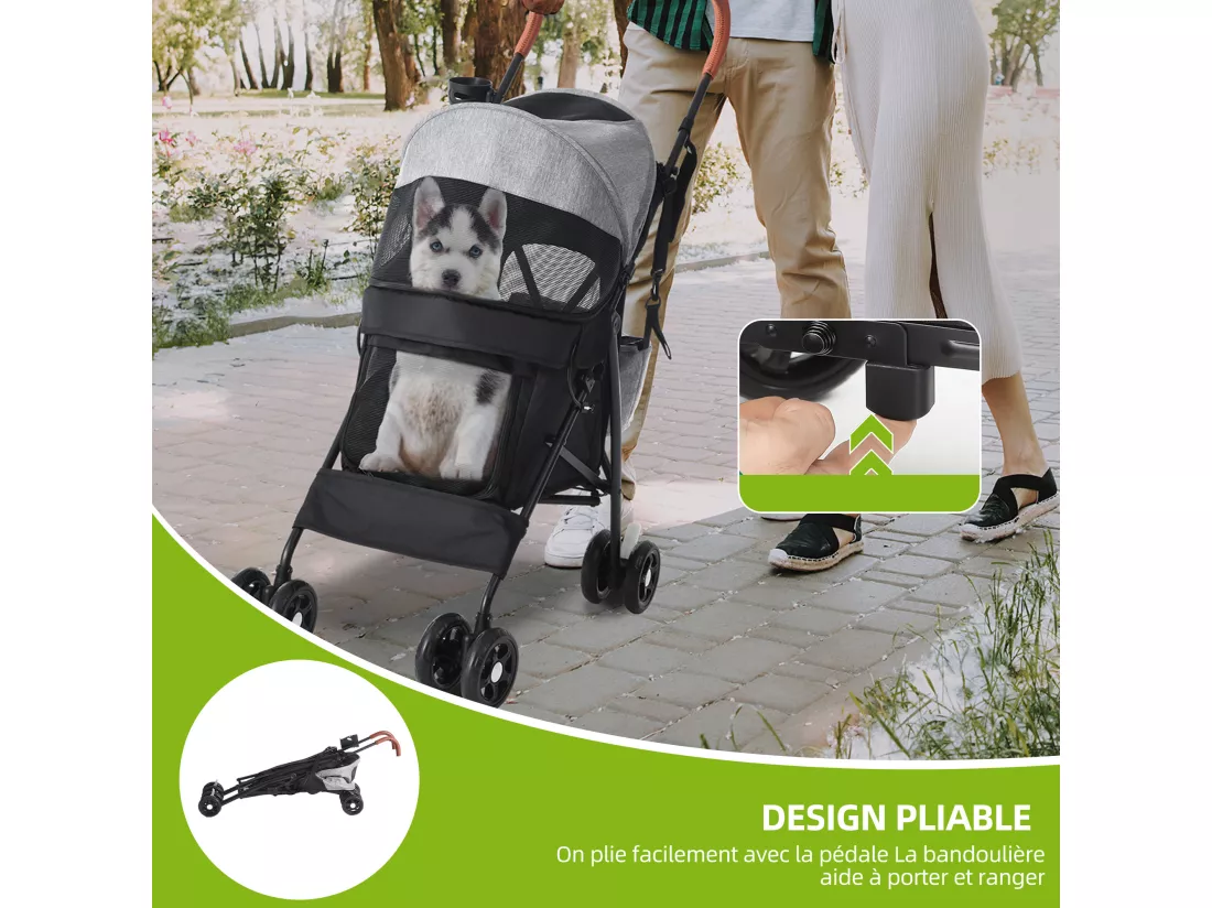 YITAHOME Poussette pour Chiens de Petite et Moyenne Taille - à 4 Roues avec Bretelles - Pliable - Porte-Gobelet - Gris
