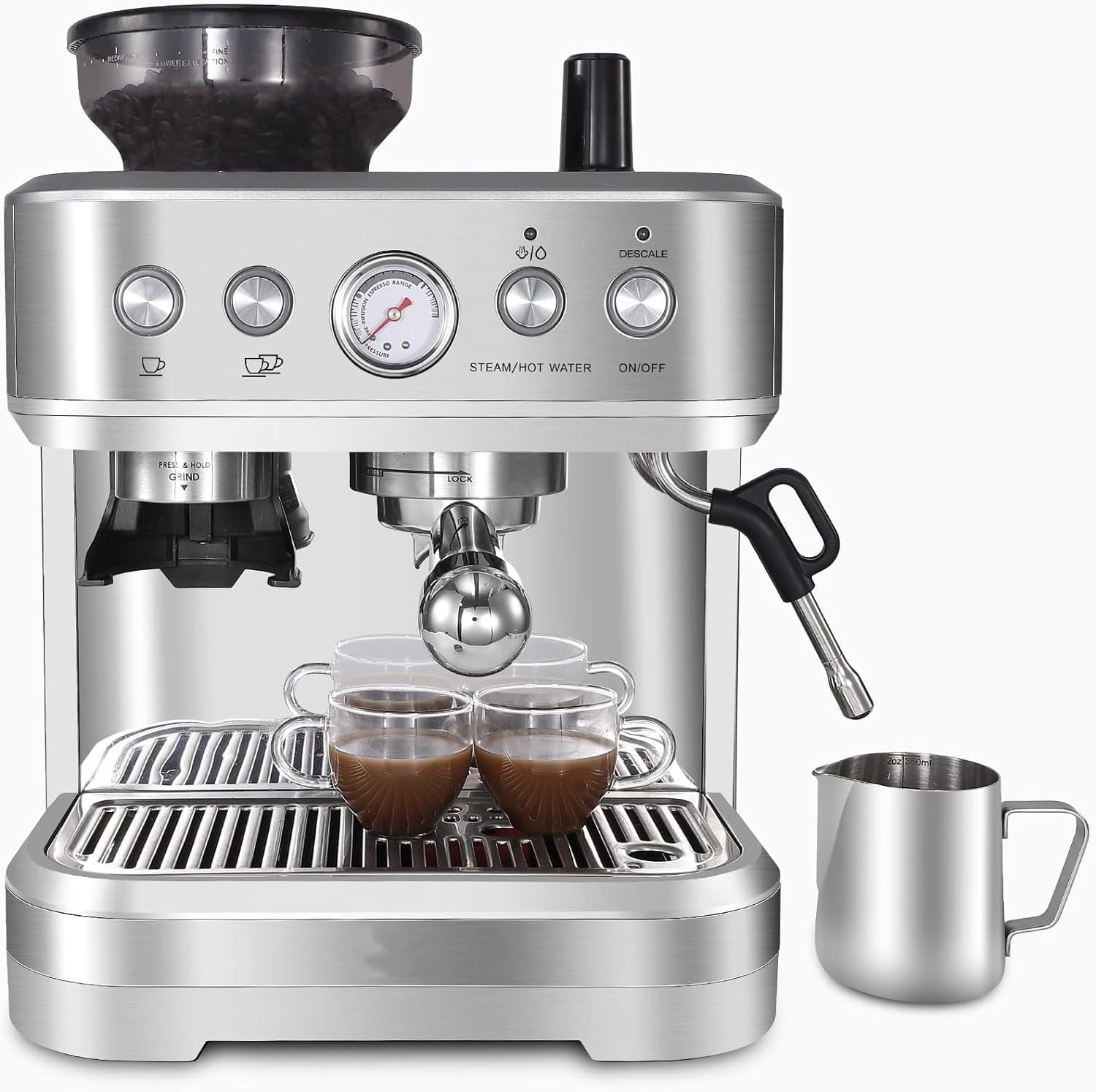 Acekool Espressomaschine, 2.3 L Wassertank 15-Bar-Extraktionsdruck, Espresso Siebträgermaschine mit integriertem Mahlwerk und professioneller Milchschaumdüse für Cappuccino Latte, Silber, edelstahl