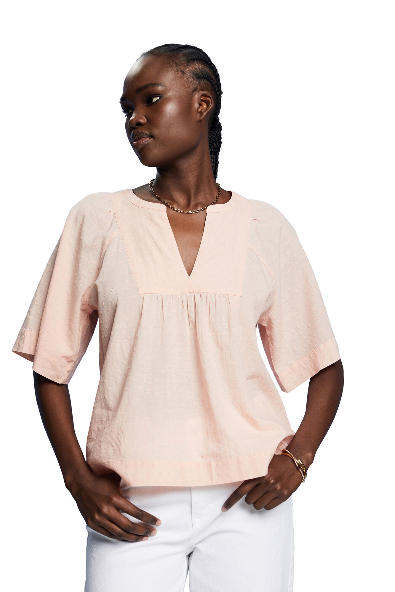 Blusa de algodão com plumas e mangas 3/4 - Rosa