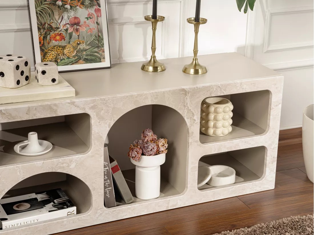 Meuble TV avec 7 niches - Effet marbre beige - LUELA