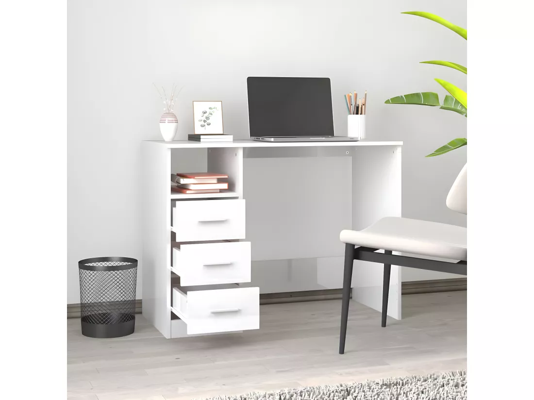 Bureau et tiroirs Blanc brillant 102x50x76 cm Bois d'ingénierie