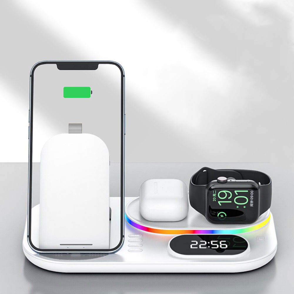(15W) 4in1 Apple Watch / Smartphone / AirPods Qi Fast Charging Ladegerät Ständer Dockingstation   Zeitanzeige - Schwarz