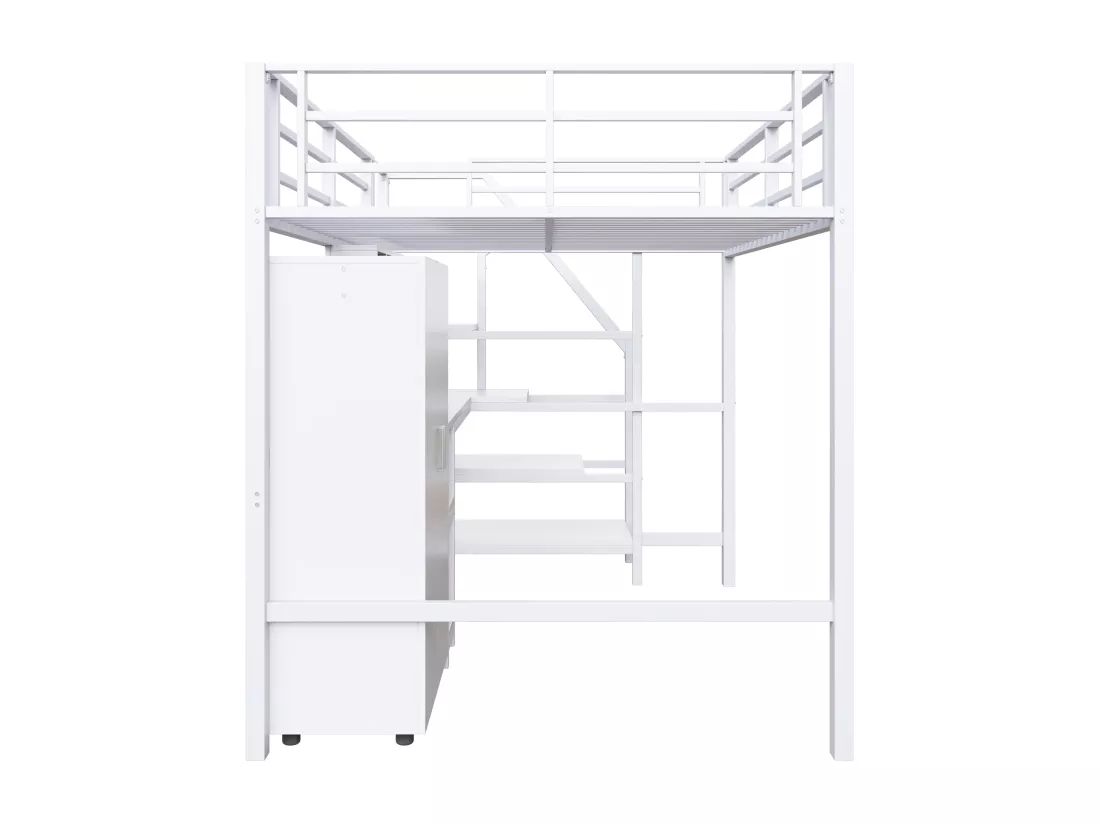 Lit mezzanine 140 x 200 cm avec bureau, armoire et étagères - Métal + MDF - Blanc (sans matelas)