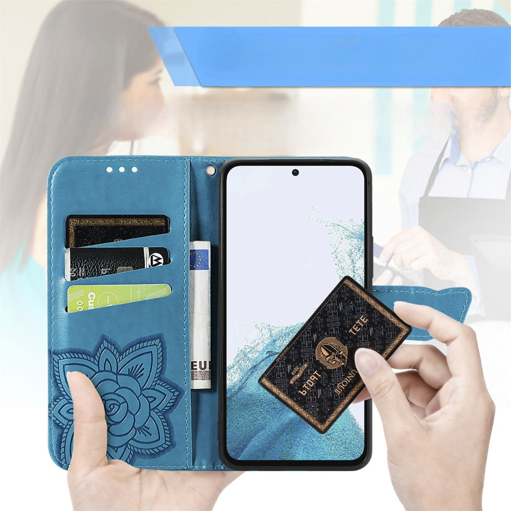 Samsung Galaxy A56 Leder Tasche Flip Cover Schmetterlinge Imprint - Blau