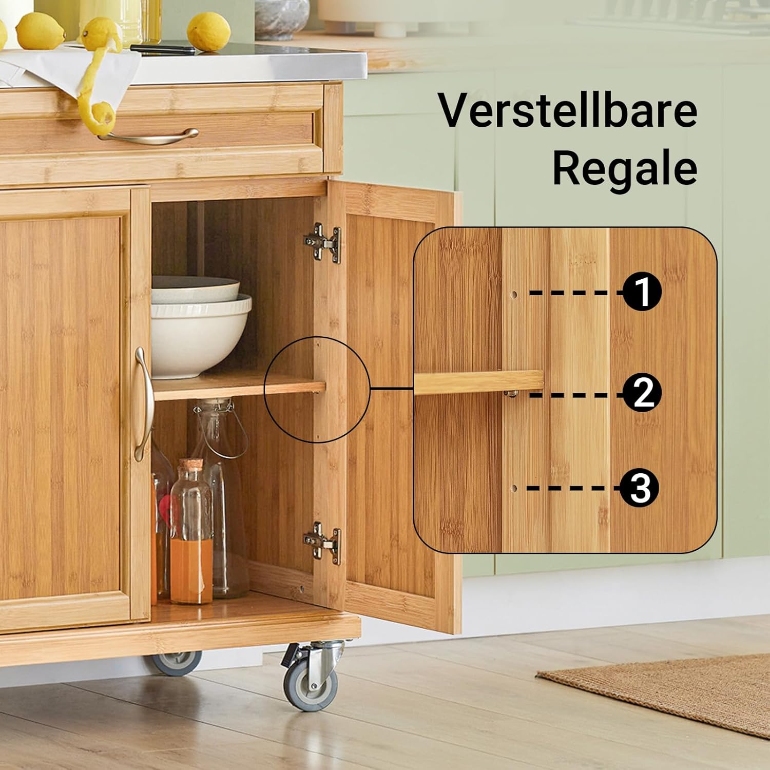 SoBuy Servierwagen mit Arbeitsplatte, Küchenwagen auf Rollen, Kücheninsel aus Bambus, Rollwagen mit Stauraum, Küchenregal stehend, Grilltisch für Küche, Wohnzimmer, Outdoor – 66x92x46 cm, FKW13-N