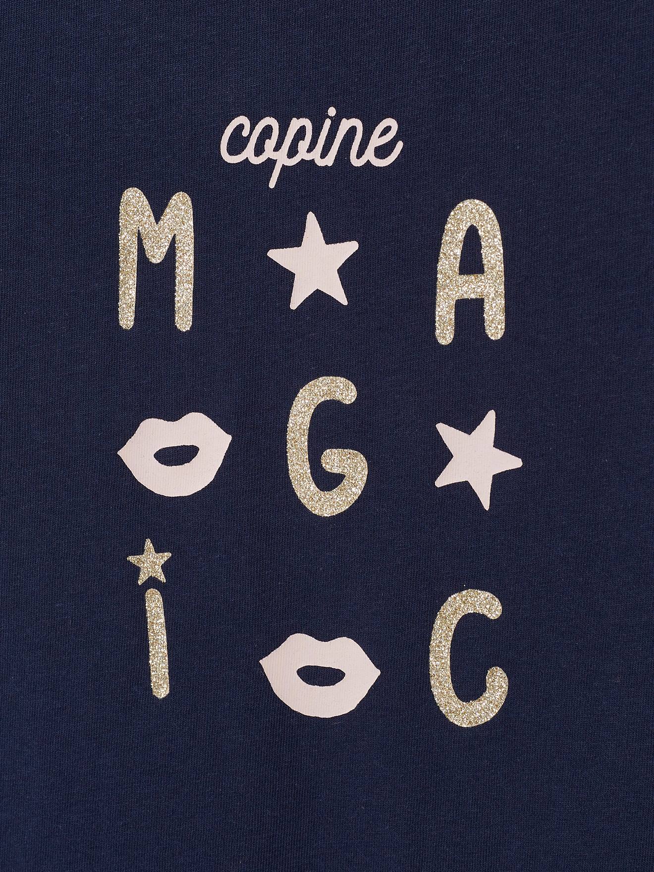 Camiseta de manga comprida com mensagem iridescente, para meninas, azul escuro liso com estampas.
