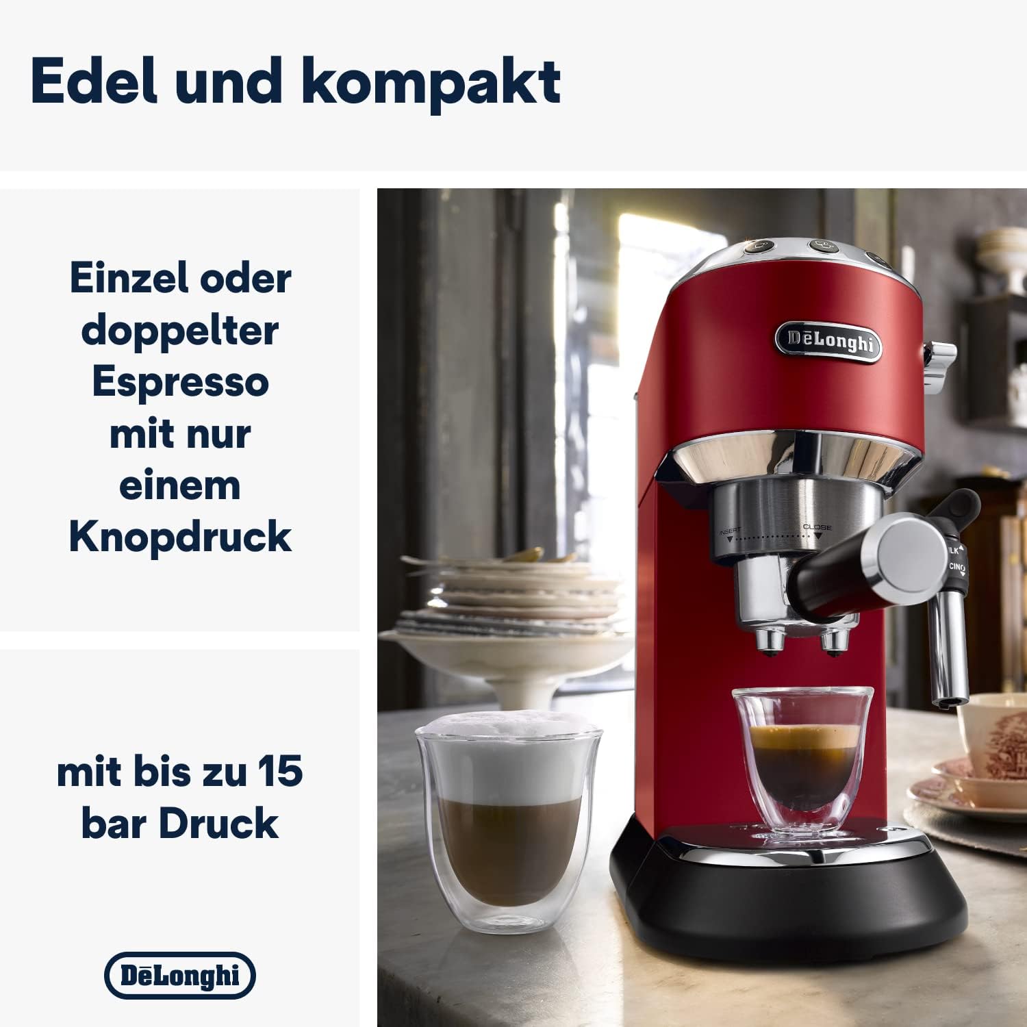 De'Longhi Dedica Style EC685.W, Machine à Café à Pompe en Acier Inoxydable Pour Café Moulu ou Dosettes, Machine à Espresso et Cappuccino, Réservoir de 1,3L, Système Anti-goutte, Blanc