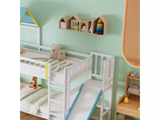 Lits superposés cabane 2 x 90 x 190 cm - avec toit et fenêtre, grille, escalier, toboggan - Pin et MDF - Blanc + Bleu