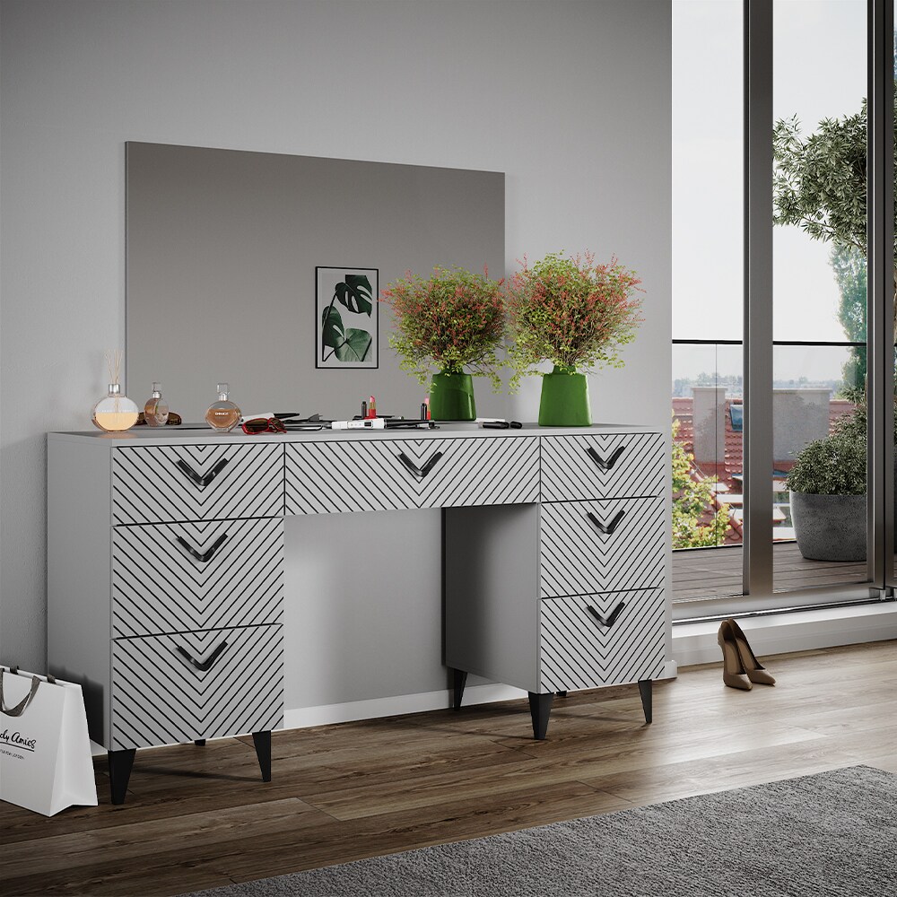 Vicco Schminktisch Anett Grau mit Spiegel, 150 x 78 cm, Frisiertisch, Schubladen