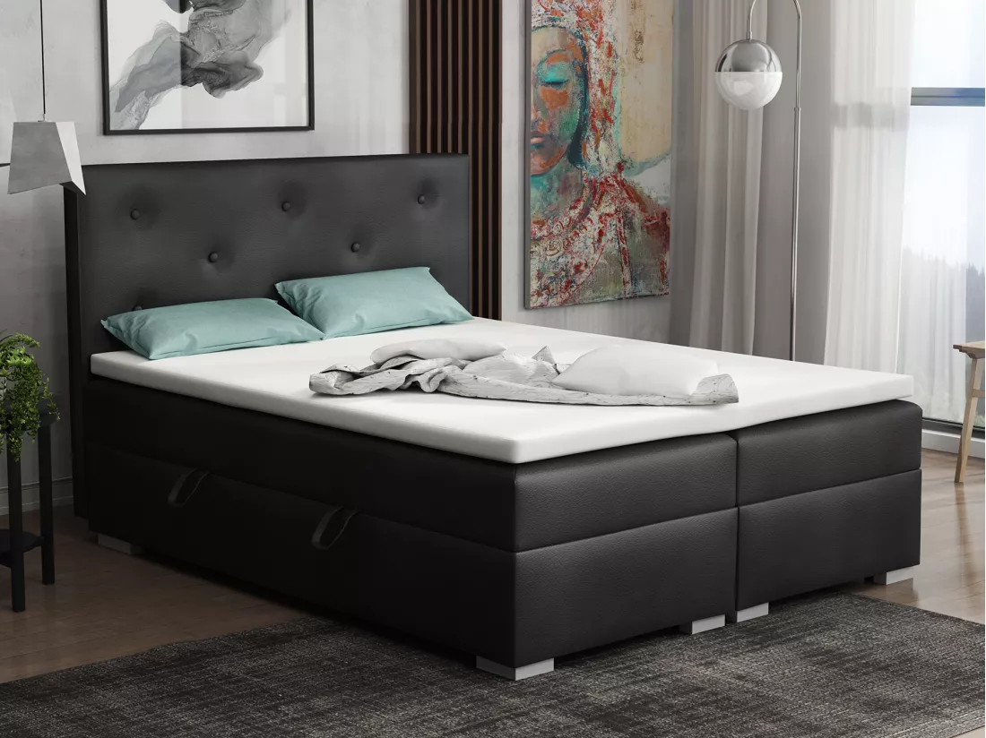 Lit Boxspring avec tiroirs de lit, Coffre de lit Topper Atlanta 140x200 cm, Soft 11 (Noir)
