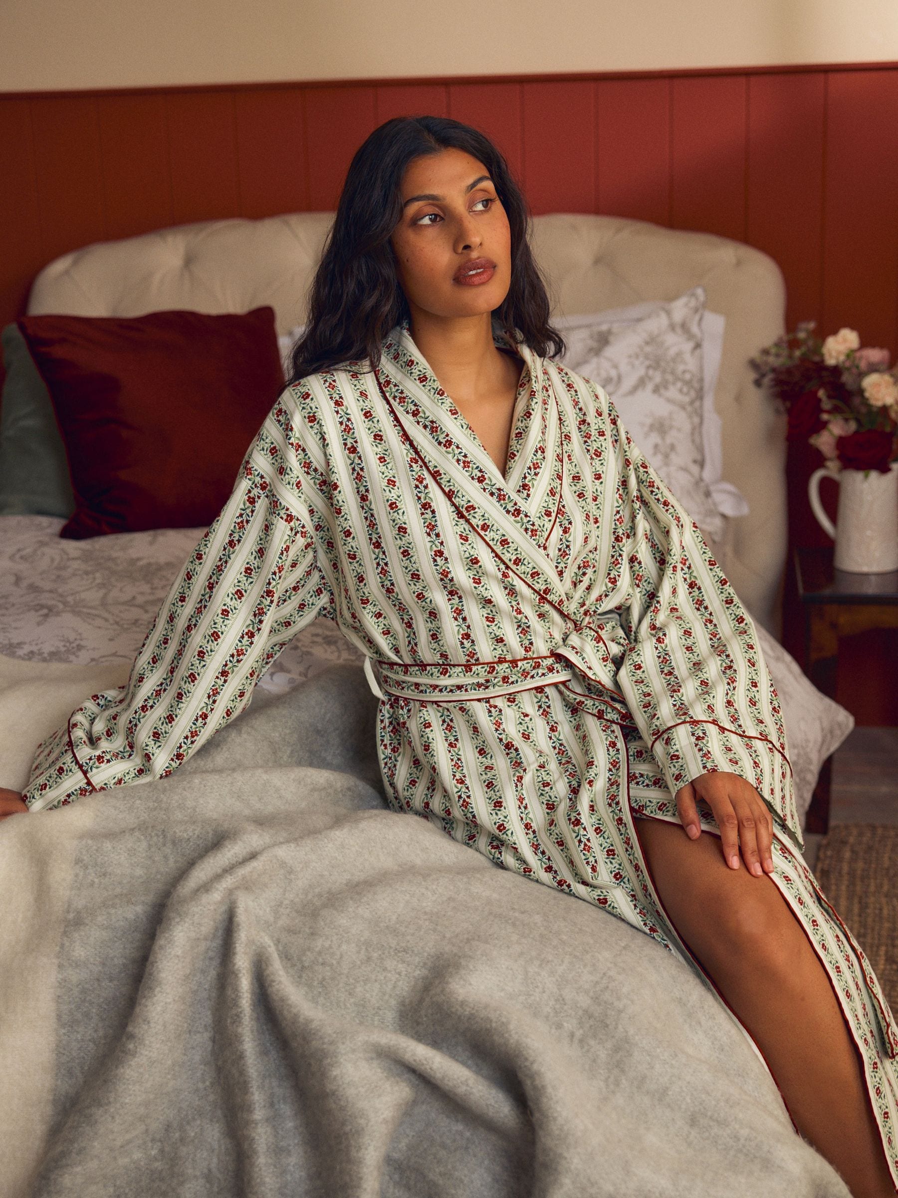 Laura Ashley feestelijke Kerstmis roos Kelbrook gestreepte overslagbadjas