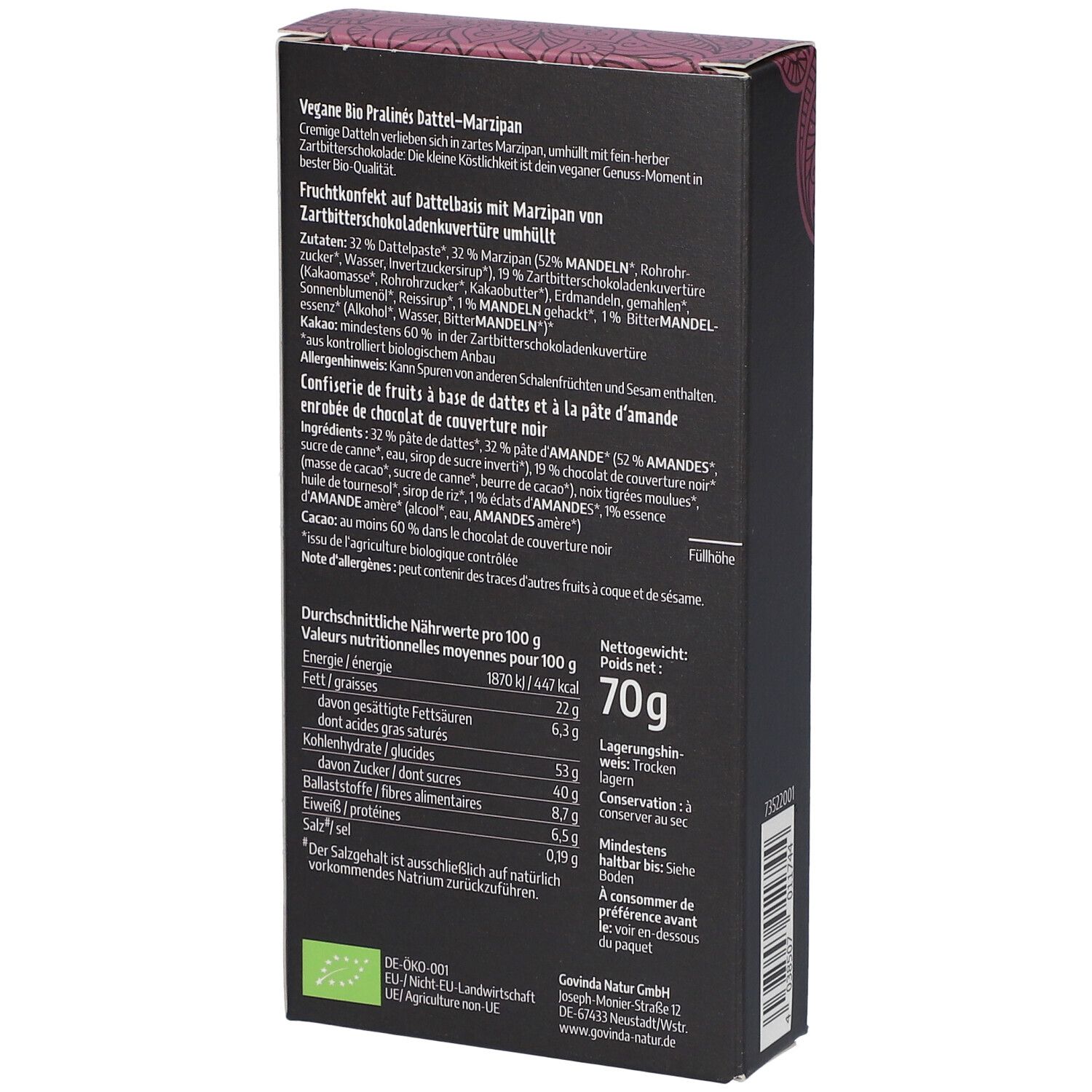 Govinda Vegane Bio Pralinés Dattel-Marzipan