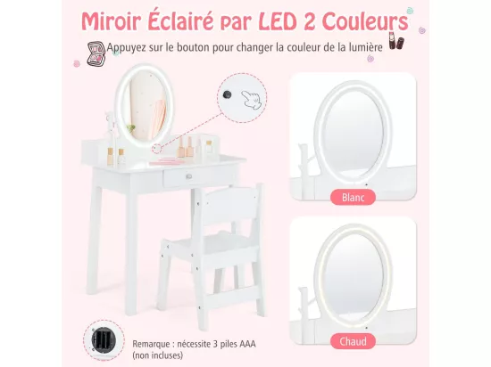 2 en 1 Coiffeuse Enfants avec Tabouret & Miroir Amovible, Table de Maquillage avec Tiroir & Organisateur en Forme Arbre, Dispositif Anti-basculement, Charge 50kg pour Enfants de 3-8 Ans