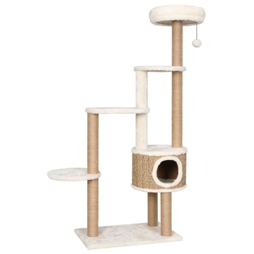Arranhador bege para gatos com plataformas e toca.