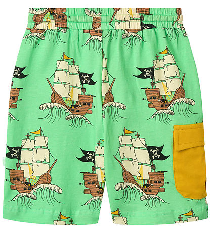 Småfolk Shorts - Minziger Green Tee m. Piratenschiffe